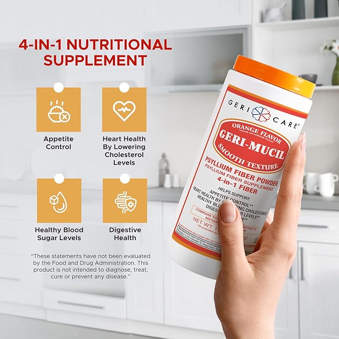 Geri-Mucil Psyllium Powder By GeriCare|4-In-1 Orange-Flavor Psyllium Husk Powder| Daily Fiber Supplement| Sweetened Gluten-Free Fiber Drink Mix| Water-Soluble Husk Fiber Powder For Bowel Movement|13oz
