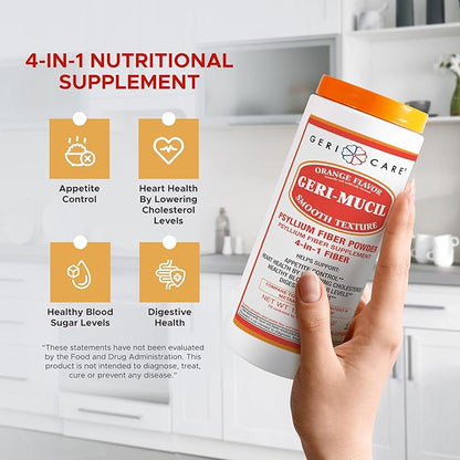 Geri-Mucil Psyllium Powder By GeriCare|4-In-1 Orange-Flavor Psyllium Husk Powder| Daily Fiber Supplement| Sweetened Gluten-Free Fiber Drink Mix| Water-Soluble Husk Fiber Powder For Bowel Movement|13oz