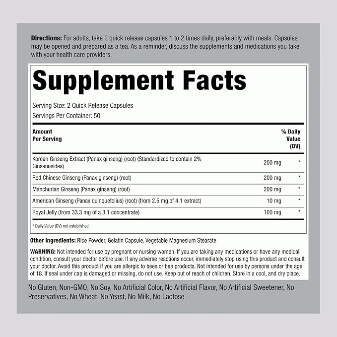 Piping Rock Ginseng Complex Capsules | 100 Count | with Royal Jelly | Non-GMO, Gluten Free Supplement