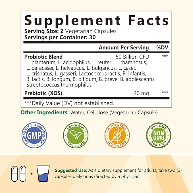 Probiotics 50 Billion per Serving, 18 Probiotic Strains, 60 Veggie Capsules - Non-GMO, Gluten Free