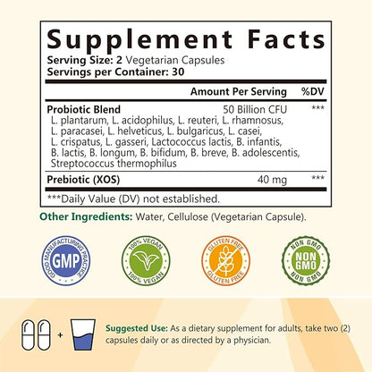 Probiotics 50 Billion per Serving, 18 Probiotic Strains, 60 Veggie Capsules - Non-GMO, Gluten Free