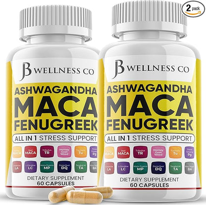 Ashwagandha Maca Root Fenugreek Supplement with Tongkat Ali Ginseng - Assists with Mood & Thyroid Health - Made in USA - 120 Count