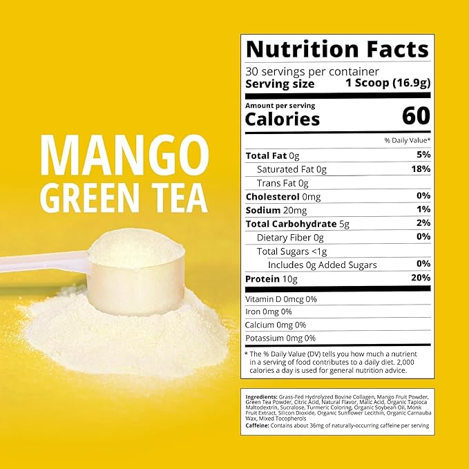 Mango Green Tea Flavored Collagen | 30 Servings | Grass-Fed Hydrolyzed Bovine Collagen Powder for Men and Women | Promotes Hair, Nail, Skin, Bone, and Joint Health | No Added Sugar