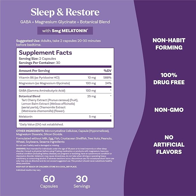 Natrol Sleep & Restore Capsules - Calm Magnesium Glycinate, Magnesium Sleep Aid with GABA, Melatonin 5mg, Botanical Blend, 30 Day Supply