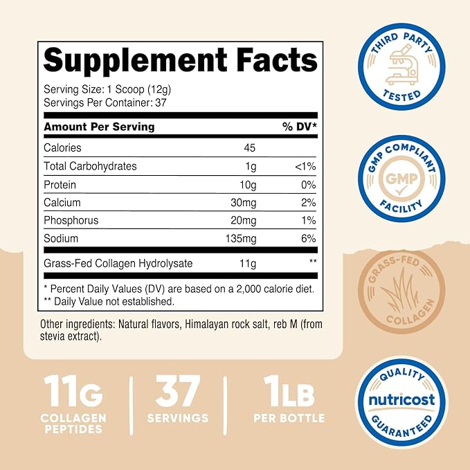 Nutricost Collagen Peptides Powder 1LB (454 G) (Vanilla) - Grass Fed Bovine Collagen Hydrolysate