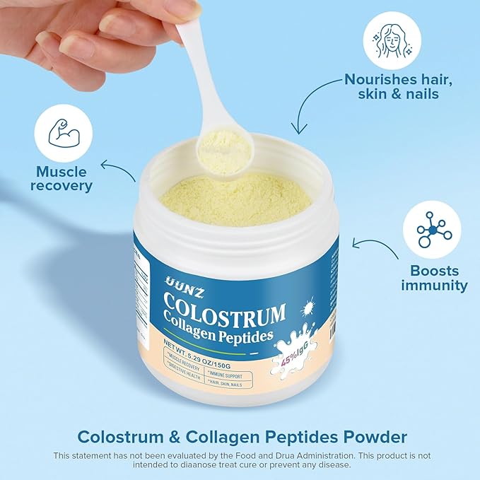 Bovine Colostrum Powder with Collagen Peptides Powder, Nourishes Hair, Skins, Bones, Cartilage, Body Systems, 45% IgG Supplements Mixed Collagen Protein Unflavored(Bovine Colostrum 150g)