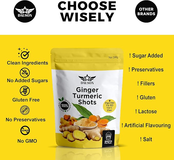 Ginger Shots with Turmeric, Piperine, Vitamins, Zinc & Orange | High Bioavailability Supplement for Joint, Heart, Brain, Gut & Skin | Curcumin Immune Support | 200 Shots