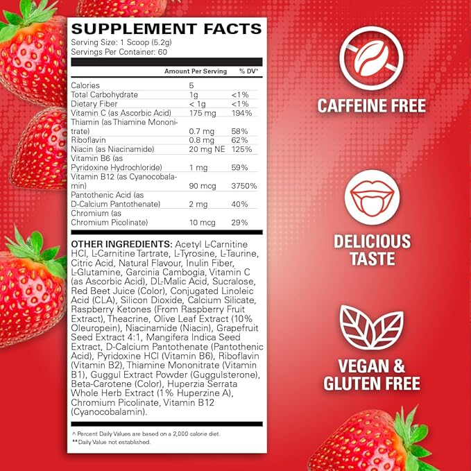 EHP Labs OxyShred Non Stimulant Pre Workout Powder - Stim Free, Caffeine Free Preworkout for Men & Women - Non Stim Preworkout - Sugar Free Energy Powder - Strawberry, 60 Servings