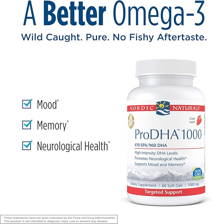 Nordic Naturals ProDHA 1000, Strawberry - 60 Soft Gels - 1660 mg Omega-3 - High-Intensity DHA Formula for Neurological Health, Mood & Memory - Non-GMO - 30 Servings