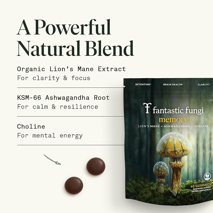Memory Gummies with Lion’s Mane, Ashwagandha & Choline, Mushroom Gummies, Brain Supplements for Memory and Focus– Vegan, Gluten-Free, Sweet and Sour Flavor | 60 Gummies, 1 Month Supply