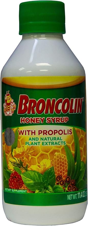 Broncolin Honey Syrup with Propolis, Syrup with Natural Plant extracts to Refresh Your Throat, Natural Ingredients, Elderberry, Eucalyptus, Peppermint Oil, 11.4 Oz, Bottle