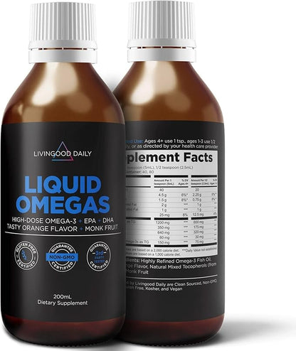 Livingood Daily Fish Oil Supplements with Omega 3 Fatty Acid, Liquid Omegas (200ml) - EPA & DHA Fish Oil Pills Support Heart & Joint Health - Promotes Healthy Digestion & Brain Function - Non-GMO