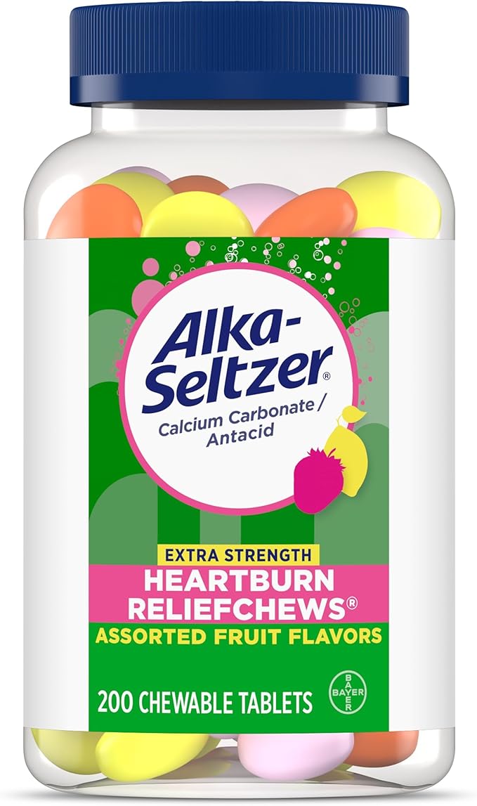 Alka-Seltzer Extra Strength Heartburn Relief Chews, Assorted Fruit Antacid Tablets for Acid Indigestion, Upset and Sour Stomach, 200 Count (Pack of 1) - Packaging May Vary