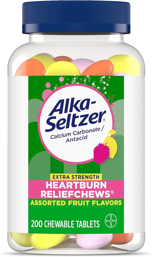 Alka-Seltzer Extra Strength Heartburn Relief Chews, Assorted Fruit Antacid Tablets for Acid Indigestion, Upset and Sour Stomach, 200 Count (Pack of 1) - Packaging May Vary