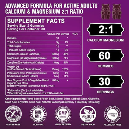 Calcium Magnesium Zinc Gummies with High Absorption Magnesium, Potassium, D3 - for Bone, Muscles, Immune & Sleep Support, Vegan