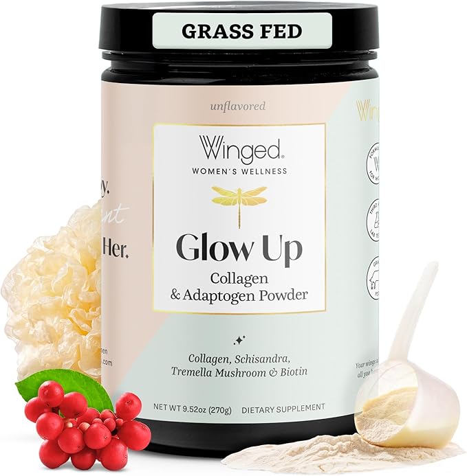 Winged Wellness Glow Up, Collagen Powder for Women - Hair, Skin & Nails Beauty Supplement with Grass-Fed Hydrolyzed Collagen Peptides Adaptogens, Vitamin C & Biotin - 25 Servings, Unflavored