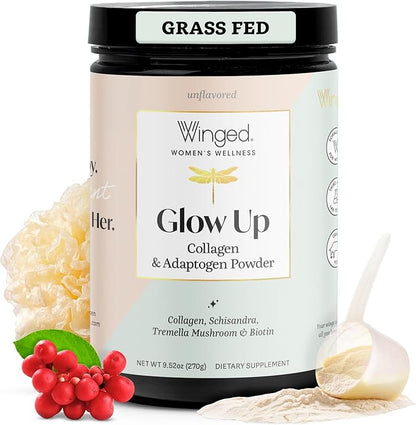 Winged Wellness Glow Up, Collagen Powder for Women - Hair, Skin & Nails Beauty Supplement with Grass-Fed Hydrolyzed Collagen Peptides Adaptogens, Vitamin C & Biotin - 25 Servings, Unflavored