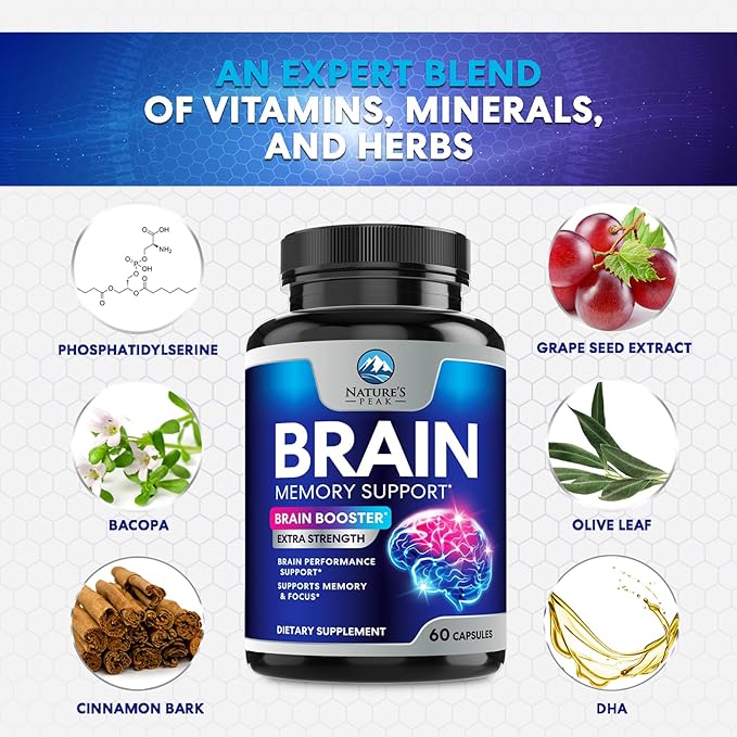 Brain Supplement Memory Pills - Nootropics Support for Concentration, Clarity, Energy & Focus - Brain Health with Bacopa, Cognitive Vitamins, Phosphatidylserine, DMAE - Brain Booster - 60 Capsules