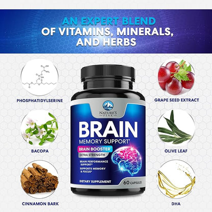 Brain Supplement Memory Pills - Nootropics Support for Concentration, Clarity, Energy & Focus - Brain Health with Bacopa, Cognitive Vitamins, Phosphatidylserine, DMAE - Brain Booster - 60 Capsules