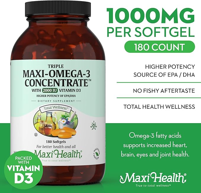 Omega 3 Supplement - Omega-3 Fish Oil Triple Concentrate with Vitamin D3 - Potent Source of EPA/DHA Fatty Acids - Heart, Brain, Joint Health - Kosher Certified Wild Caught Marine Fish - 180 Softgels