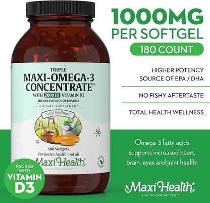 Omega 3 Supplement - Omega-3 Fish Oil Triple Concentrate with Vitamin D3 - Potent Source of EPA/DHA Fatty Acids - Heart, Brain, Joint Health - Kosher Certified Wild Caught Marine Fish - 180 Softgels