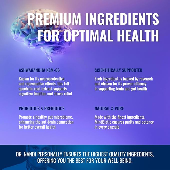 MindBiotic Brain Health Supplement - Probiotics & Prebiotics with KSM-66 Ashwagandha - Supports Memory, Focus, and Gut-Brain Connection - 300MG - 60 Chews