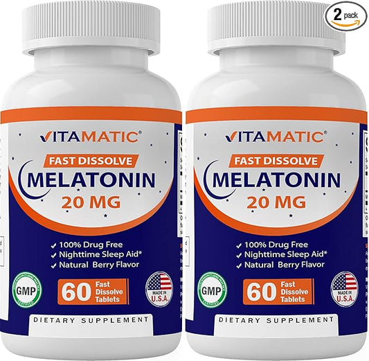 2-Pack High Potency Melatonin 20 mg – 60 Fast Dissolve Tablets Total Fast-Acting Sleep Support – Natural Berry Flavor | Vegetarian