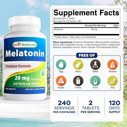 Best Naturals Melatonin 20mg 240 Tablets - Drug-Free Nighttime Sleep Aid - Non-GMO & Gluten Free