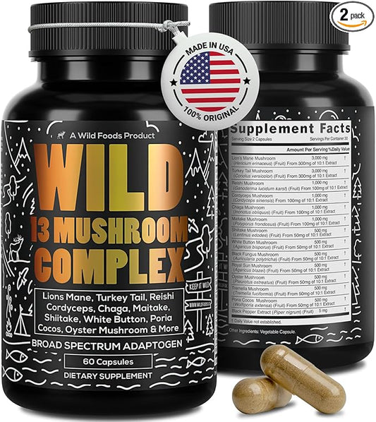 Wild Foods Premium Mushroom Supplement Complex | Mushroom Extract 13 Organic Mushrooms: Lions Mane, Turkey Tail, Reishi & More Adaptogenic Mushrooms for Energy, Brain & Immune Health (Pack of 2)
