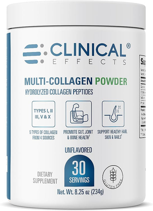 Clinical Effects Multi-Collagen Powder - Collagen Dietary Supplement - 8oz - 30 Servings - 5 Types of Quality-Sourced Multi-Collagen to Support Joint, Bone, Skin and Nail Health - Fast Absorption
