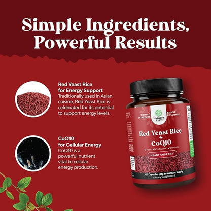 Natures Craft Red Yeast Rice with CoQ10 Supplement - Advanced Healthy Heart Formula for Men & Women - Extra Strength Capsule with 1200 mg per Serving - Vegan & Non-GMO - 120 Count