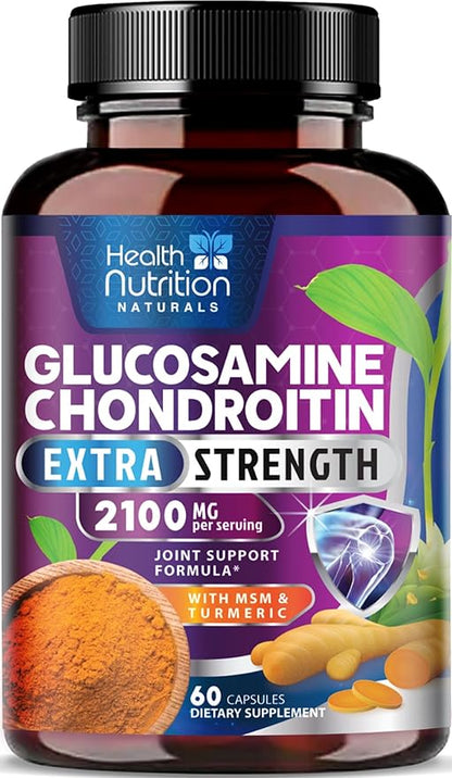 Glucosamine Chondroitin MSM Complex - 2100mg Joint Support Supplement with Turmeric & Boswellia - Quercetin for Joints, Bones, Knees & Mobility - Triple Strength Glucosamine Sulfate - 60 Capsules