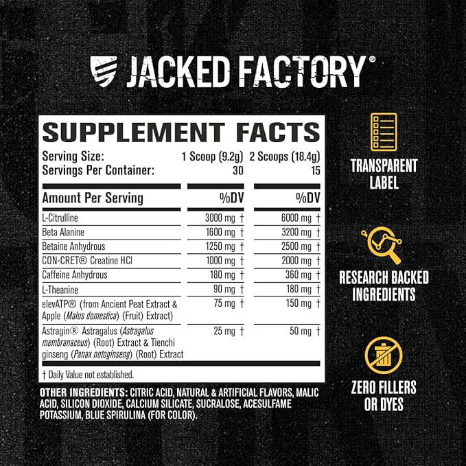 Jacked Factory Nitrosurge Build Pre Workout with Creatine for Muscle Building - Con Cret Creatine Powder & elevATP for Intense Energy, Powerful Pump, & Endless Endurance - 30 Servings, Blue Raspberry
