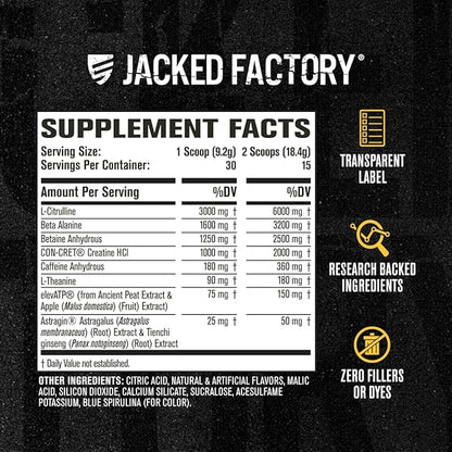 Jacked Factory Nitrosurge Build Pre Workout with Creatine for Muscle Building - Con Cret Creatine Powder & elevATP for Intense Energy, Powerful Pump, & Endless Endurance - 30 Servings, Blue Raspberry