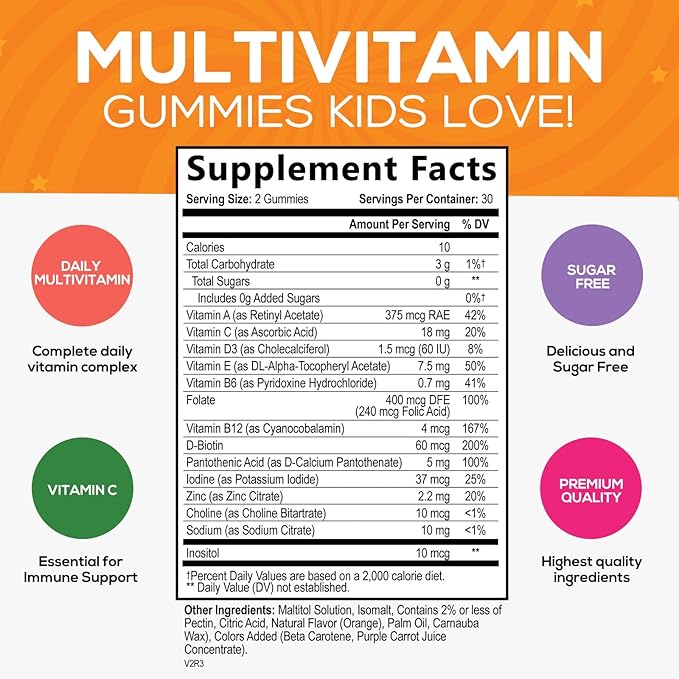 Multivitamin for Kids Gummies - Daily Kids Vitamins with Vitamin D3, C, B12, B6, A & Zinc for Immune Support, Chewable Multivitamin Gummy for Toddlers & Children, Orange Flavor, Non-GMO - 60 Gummies