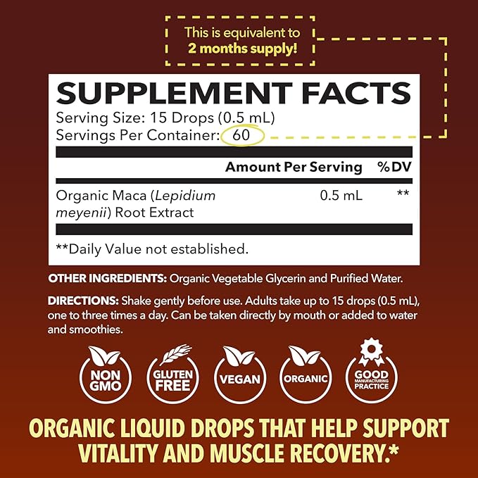 Organic Maca Root Liquid Drops - Supports Hormone Balance, Mood, and Energy in Women and Men - Lepidium Meyenii to Support Performance and Vitality - Non-GMO, Vegan, Unflavored - 60 Servings