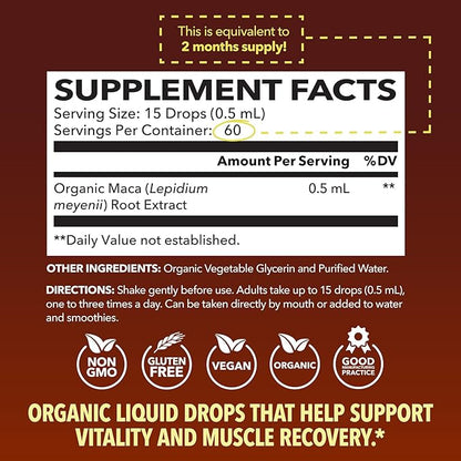 Organic Maca Root Liquid Drops - Supports Hormone Balance, Mood, and Energy in Women and Men - Lepidium Meyenii to Support Performance and Vitality - Non-GMO, Vegan, Unflavored - 60 Servings