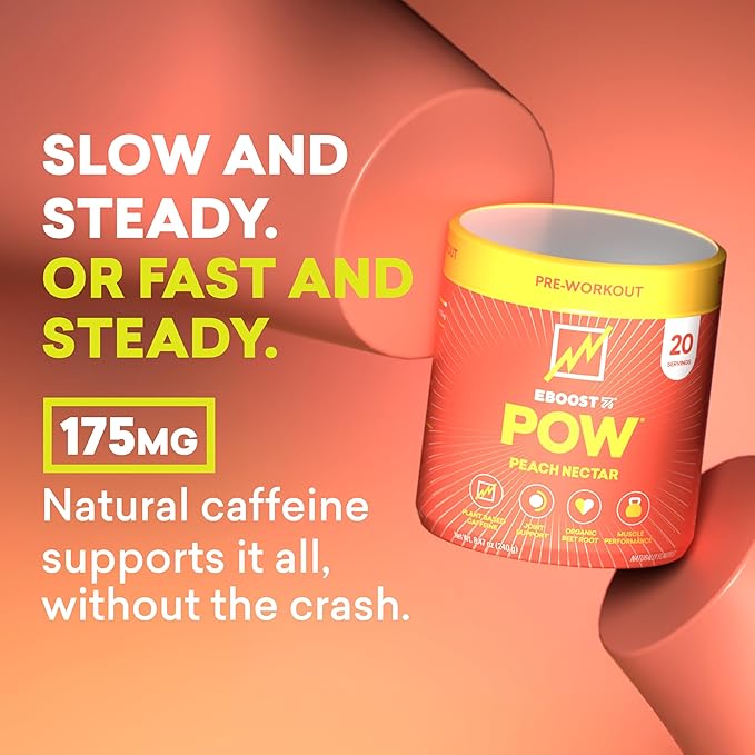 EBOOST POW Natural Pre Workout Powder - 20 Servings, Peach Nectar - Preworkout Energy Booster Gym Supplement Drink Mix for Men and Women - Performance, Joint Mobility Support - Gluten-Free