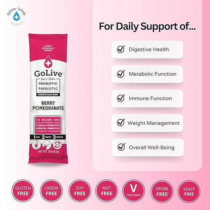 GoLive Prebiotic and Probiotic for Women, Men, Kids. Berry Pomegranate Synbiotic Powder w/ L-Glutamine, Vitamin D3, Electrolytes. For Gut Health, Digestion, Metabolism, Immunity 15-50B CFUs.