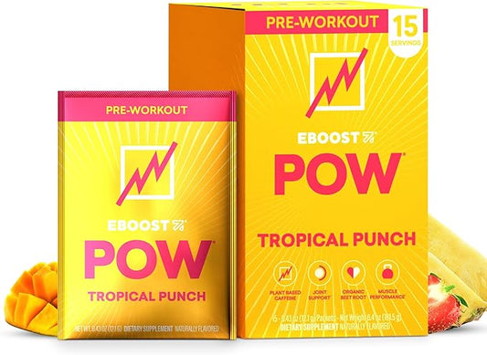 EBOOST POW Natural Pre Workout Powder - 15 Packets, Tropical Punch - Preworkout Energy Booster Gym Supplement Drink Mix for Men and Women - Performance, Joint Mobility Support - Gluten-Free