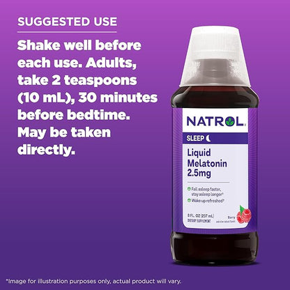 Natrol Liquid Melatonin 2.5 mg, Adult Melatonin Supplement to Fall Asleep Faster and Stay Asleep Longer, Wake Up Refreshed, 8 FL OZ Berry-Flavored Liquid, Up to a 23 Day Supply