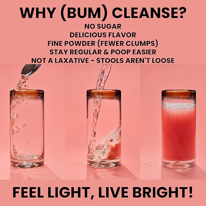 (Bum) Psyllium Husk Fiber Powder, Mixed Berry Flavored Drink with Stevia, Colon Cleanse for Bloating Relief & Digestive Health, Daily Soluble Fiber Supplement, Sugar & Gluten Free, Vegan, 30 Servings