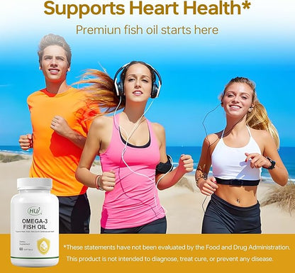 HUJ Omega 3 Fish Oil 1000mg Softgels - EPA+DPA, Fish Oil Omega 3 for Heart, Brain, Skin, Eyes & Cardiovascular Support *- 60 Softgels