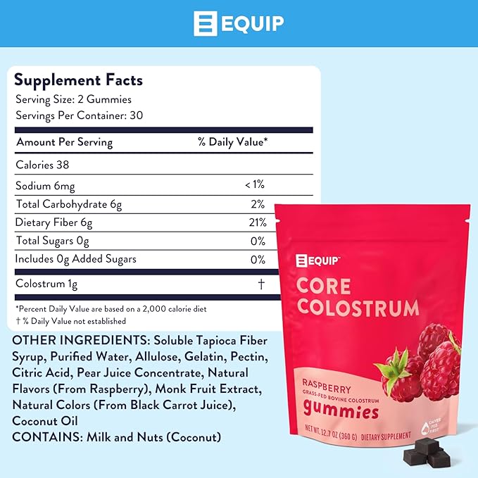 Equip Foods Core Colostrum Gummies | Delicious and Convenient | 1g Ultra-Premium Grass Fed Colostrum Per Serving | Gut Health, Immunity, Hair and Skin | 60 Gummies, 30 Servings, Raspberry
