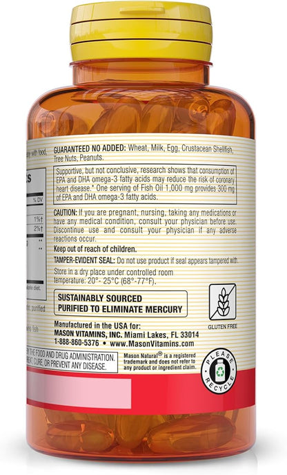 MASON NATURAL Omega-3 Fish Oil, 180-Day Supply, 1000mg with EPA and DHA for Joint Support, 60 Softgel Pills (Pack of 3)