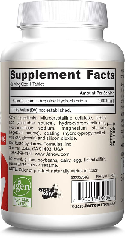 Jarrow Formulas Arginine 1000 mg, Dietary Supplement, Supports Nitric Oxide Production, Supports Protein Synthesis, 100 Tablets, Up to 100 Day Supply