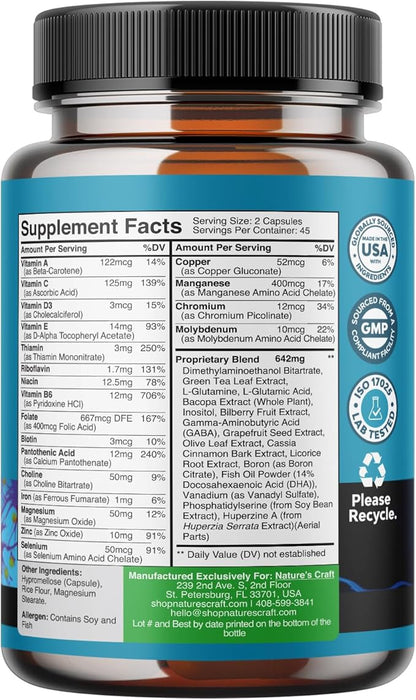 Nootropic Brain Supplement for Memory and Focus Enhancement - Vitamins for Mental Health & Clarity with VIT A, B6, Riboflavin, Niacin, Thiamin & Folate - Cognitive Complex for Mind Vitality - 90 Ct