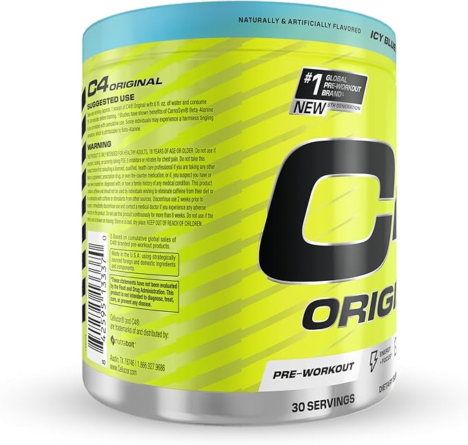 Cellucor C4 Original Pre Workout Powder Sugar Free for Men & Women 200mg Caffeine + CarnoSyn Beta-Alanine + Creatine + AI Peptides - ICY Blue Razz, 30 Servings