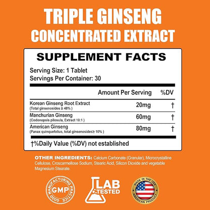Triple Ginseng Complex, Ultra Potency 15% Ginsenosides from 3 Panax Ginseng Extract for Energy, Memory, Vitality & Immune Support, Healthy Aging for Elderly, 30 Tablets