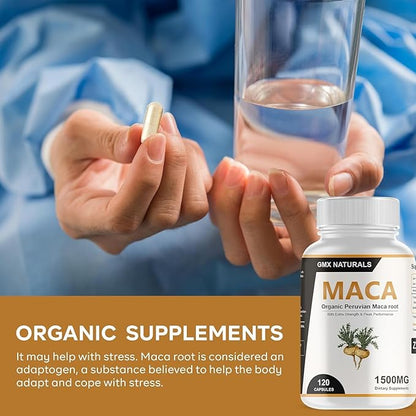 Organic Maca Root Powder Capsules 1,500mg for Men & Women - Capsule Contains Black, Red, Yellow Maca Root Extract - 95% Piperine from Black Pepper - Made with Peruvian Maca - 120 Count